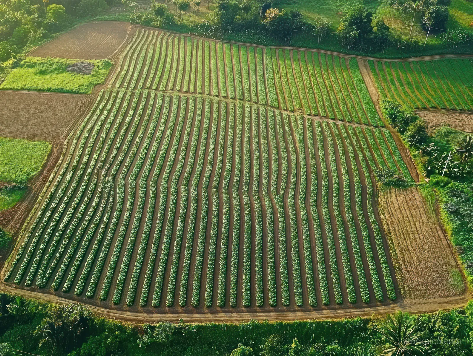 Aerial view of green rice paddies with straight symmetrical rows in Yogyakarta under bright sunlight.