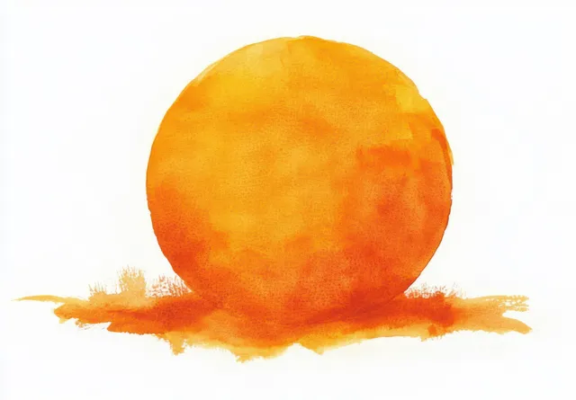 Watercolor orange fruit circle with textured shading and soft brush edges on white background