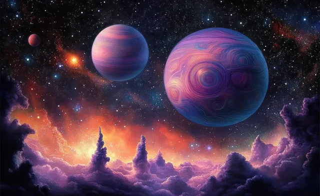 Two glowing planets hover above purple nebula clouds with distant stars and silhouetted tower shapes.