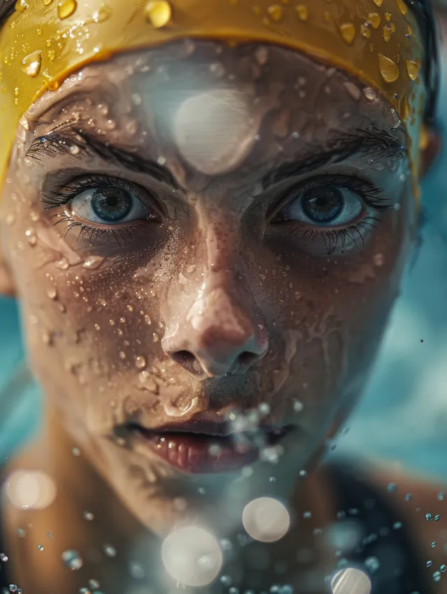 An Australian female swimmer swims freestyle with intense focus and water droplets across her face.
