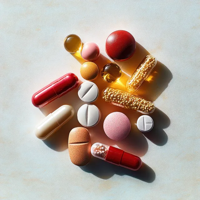 Colorful pills and capsules scattered on a pale surface with sharp shadows in bright daylight.