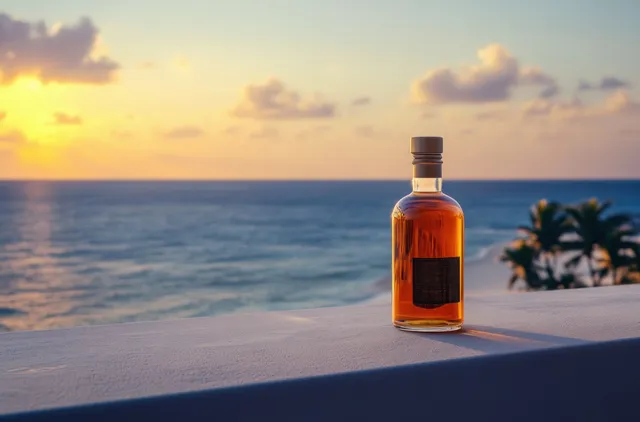 Amber bottle on seaside ledge with ocean horizon and palm silhouettes at sunset