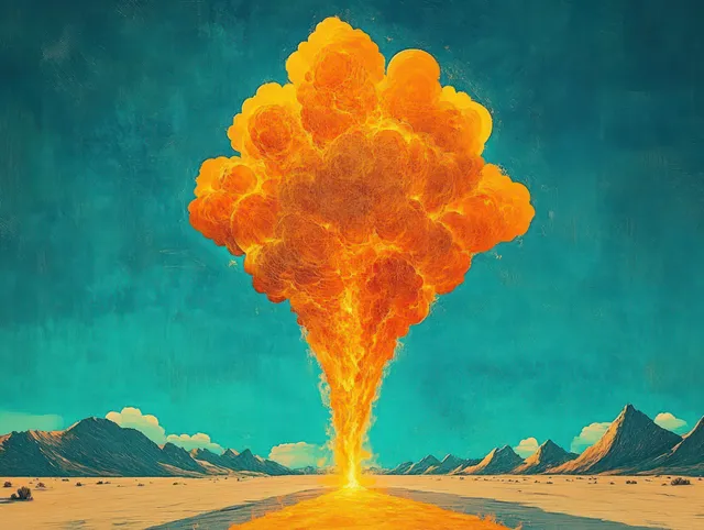 Orange fireball erupts from a sandy desert road, rising into a dense smoke plume behind distant mountains.