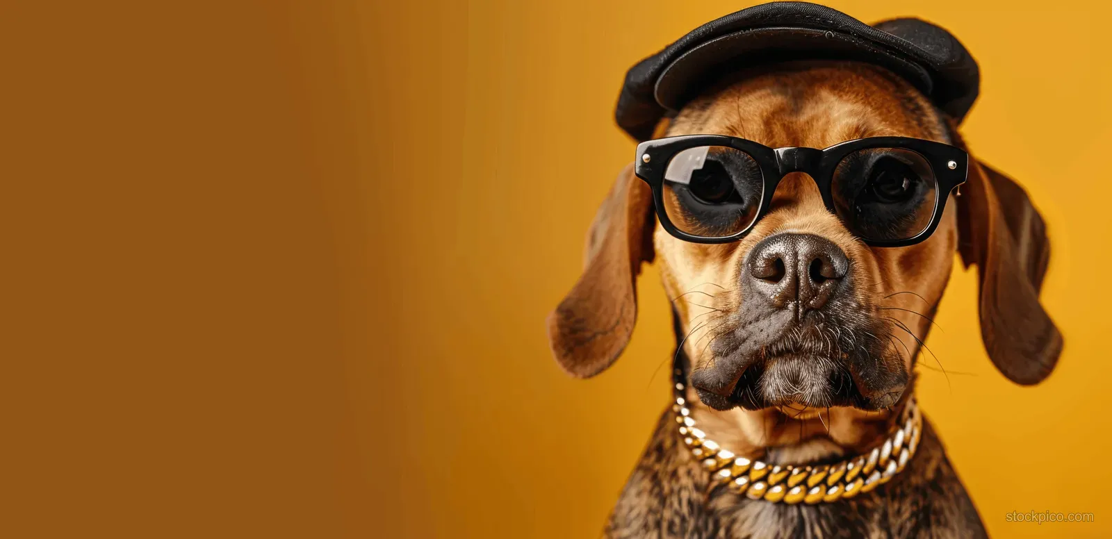Brown dog wearing black sunglasses and a gold chain poses against a bright yellow background.