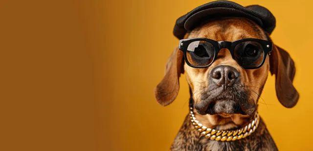 Brown dog wearing black sunglasses and a gold chain poses against a bright yellow background.