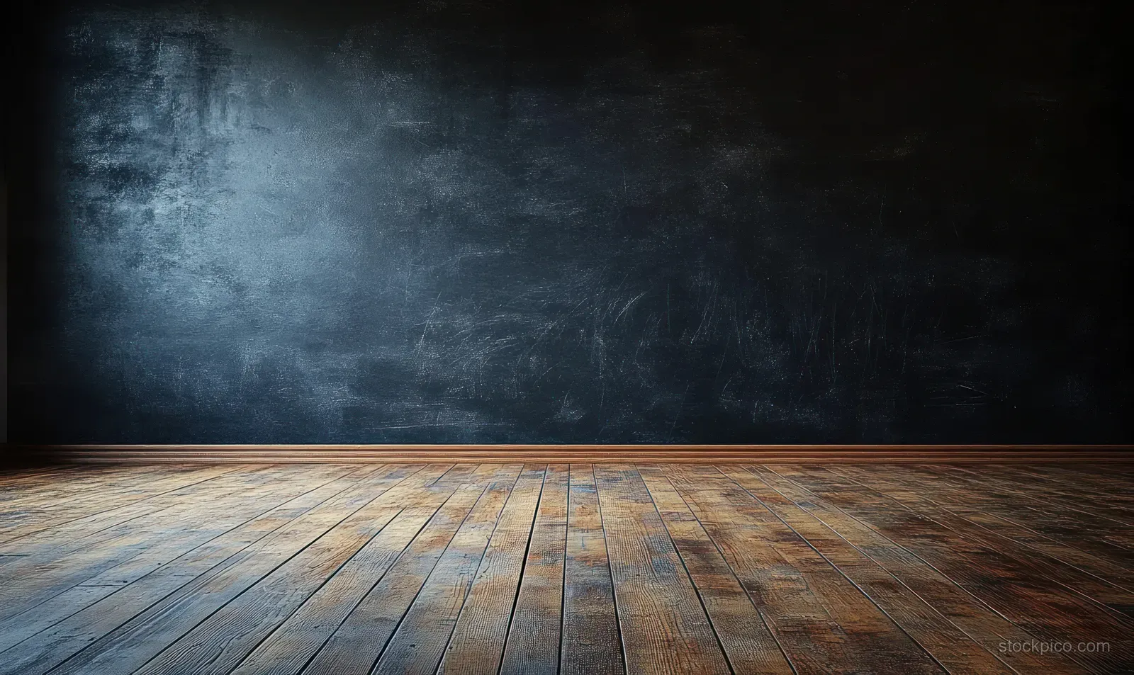 Empty interior with rustic wooden floor and a dark textured chalkboard wall filling the background.