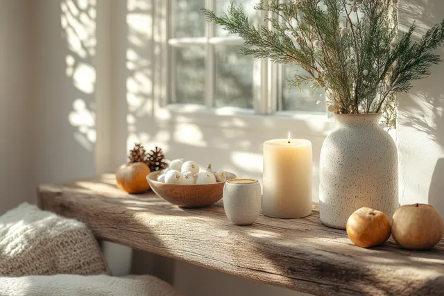 Cozy rustic console table with candles, pine branches, and vintage skis near a sunlit winter window.