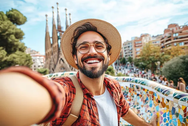 Smiling man taking a selfie at Park Güell with colorful mosaic terrace and distant Sagrada Família.