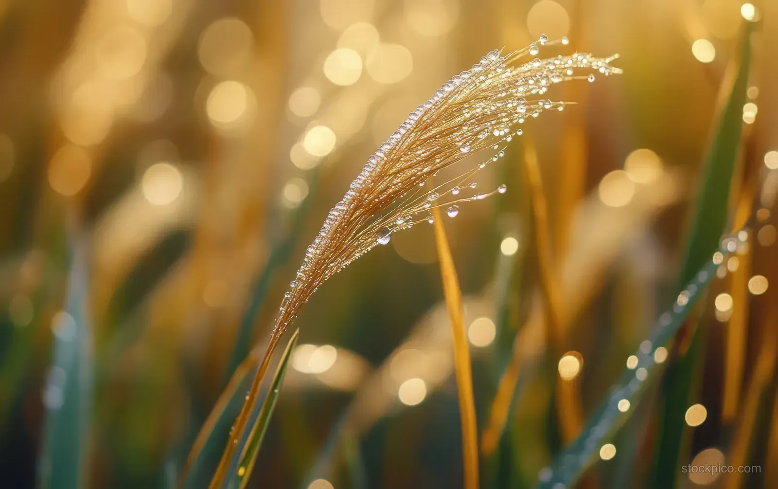 Golden grass stem covered with morning dew droplets glistens against a warm blurred sunrise background.