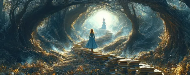 A girl in a blue dress walks on a book path through a glowing forest tunnel toward a rabbit-eared figure.