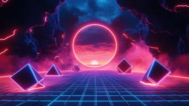 Neon sci-fi tunnel with glowing portal circle, floating cubes, and a blue grid floor under electric storm clouds.