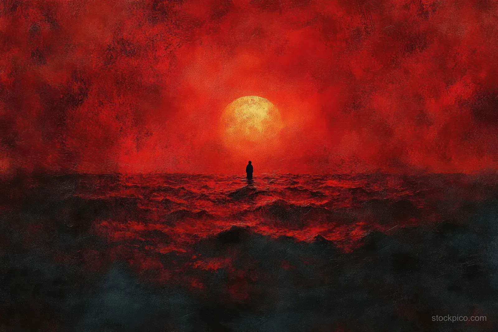 A lone silhouette stands in turbulent red ocean water under a glowing orange sun and intense red sky.
