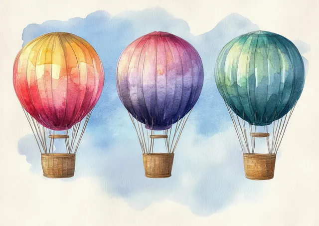 Three colorful hot air balloons float above watercolor blue clouds with visible baskets and painted texture.