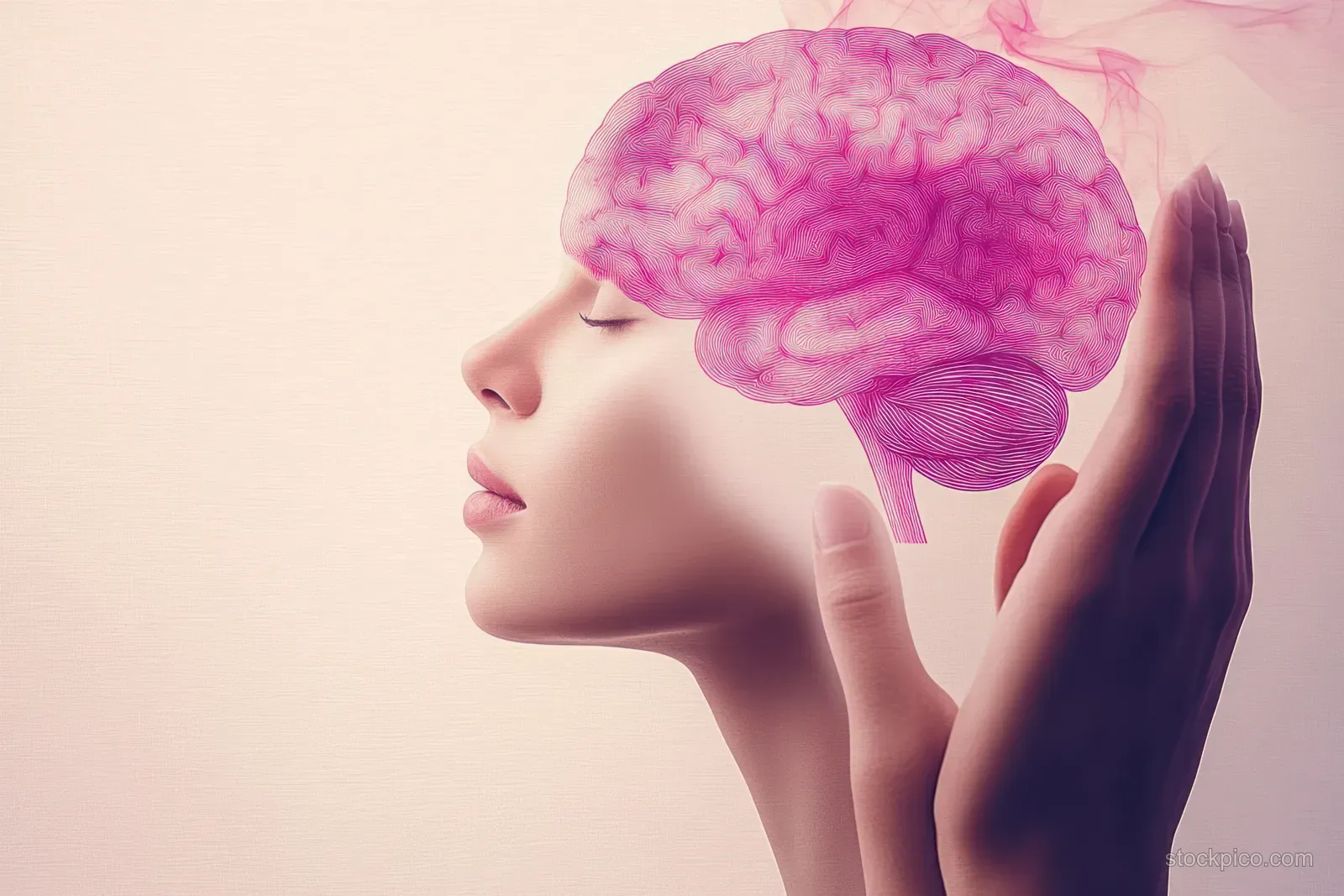 A side profile person holds a glowing pink brain cutout above the head.