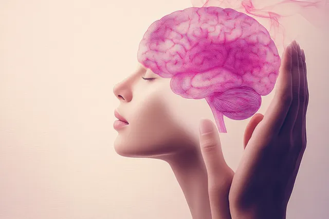 A side profile person holds a glowing pink brain cutout above the head.