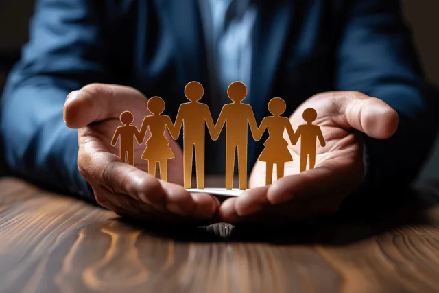 A person holds paper cutout figures of a family and coworkers in their hands on an office desk.