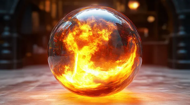 A glowing fiery orb burns inside a clear sphere, reflecting warm orange flames on a dark surface.