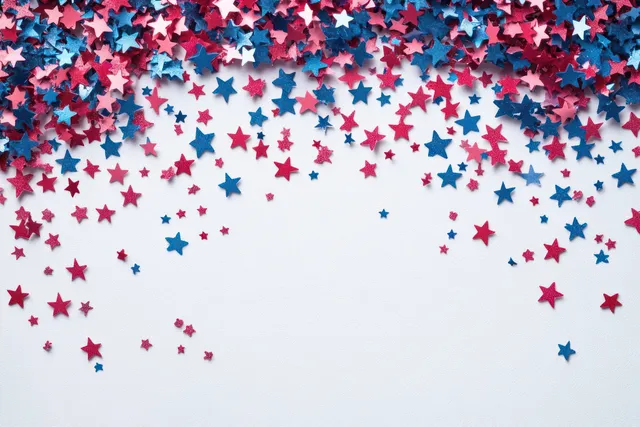 Red, white, and blue star confetti forms a curved border around a blank center space.