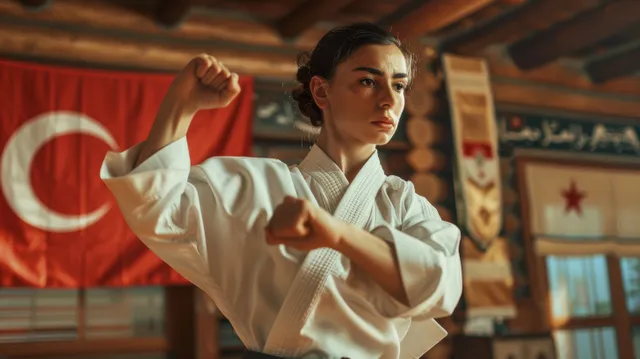 A Turkish female karateka holds a kata stance in a traditional dojo with a Turkish flag in the background.