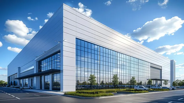 Modern warehouse building with large glass windows and empty parking area under a blue sky with clouds.