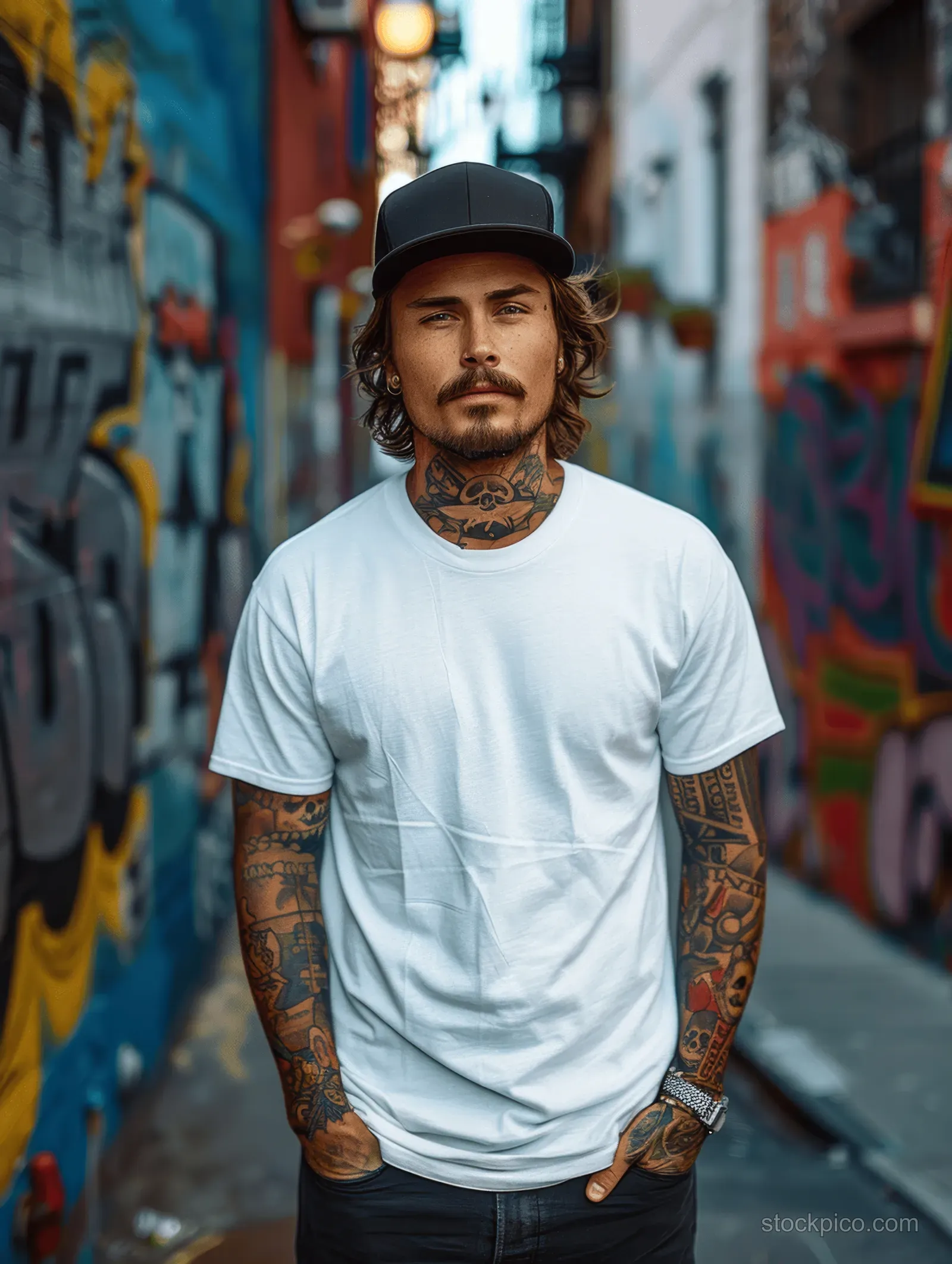 Tattooed man wearing a white t-shirt and black hat poses on a graffiti-covered city street.