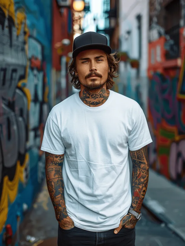 Tattooed man wearing a white t-shirt and black hat poses on a graffiti-covered city street.