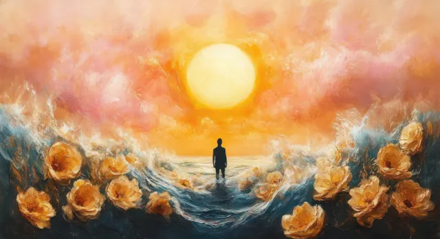 Silhouette of a lone person standing in ocean water with golden flowers floating around a glowing sunrise sun.
