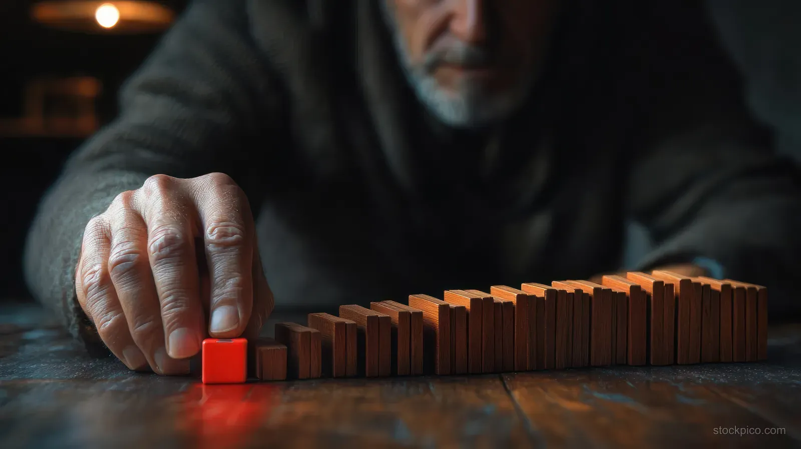 A hand grips a red domino at the start as brown wooden dominoes fall in a line on a tabletop.