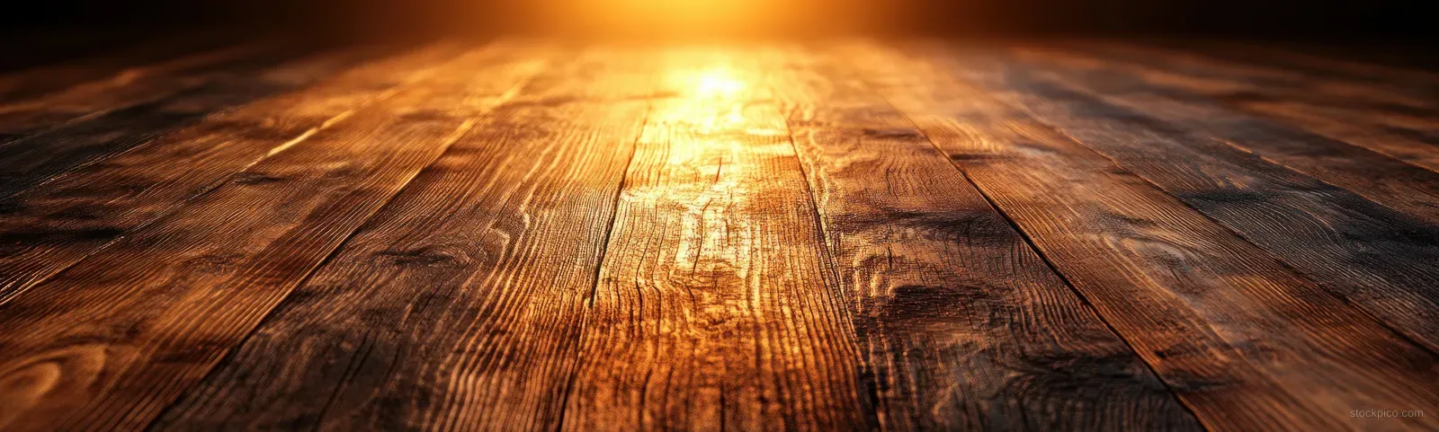 Warm oak floorboards stretch into the distance, with sunlit grain lines and rustic knots visible.
