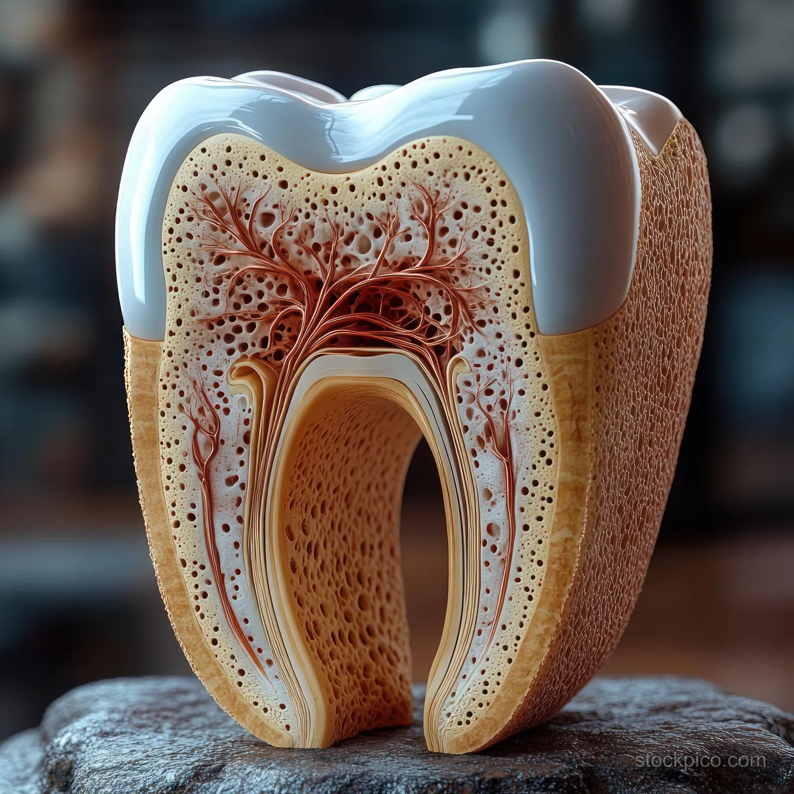 Cross-sectional tooth model displays enamel, dentin, and pulp chamber with visible vessels and nerves.
