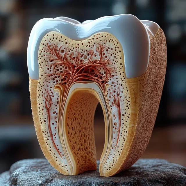 Cross-sectional tooth model displays enamel, dentin, and pulp chamber with visible vessels and nerves.