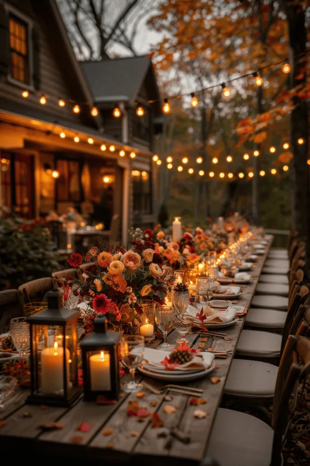 Rustic outdoor dinner table at night with lanterns, string lights, and orange fall flower centerpieces.
