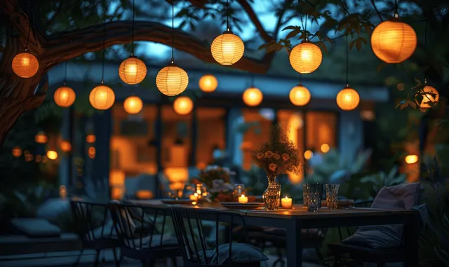 Nighttime patio dinner table lit by hanging string lights and surrounded by garden seating.