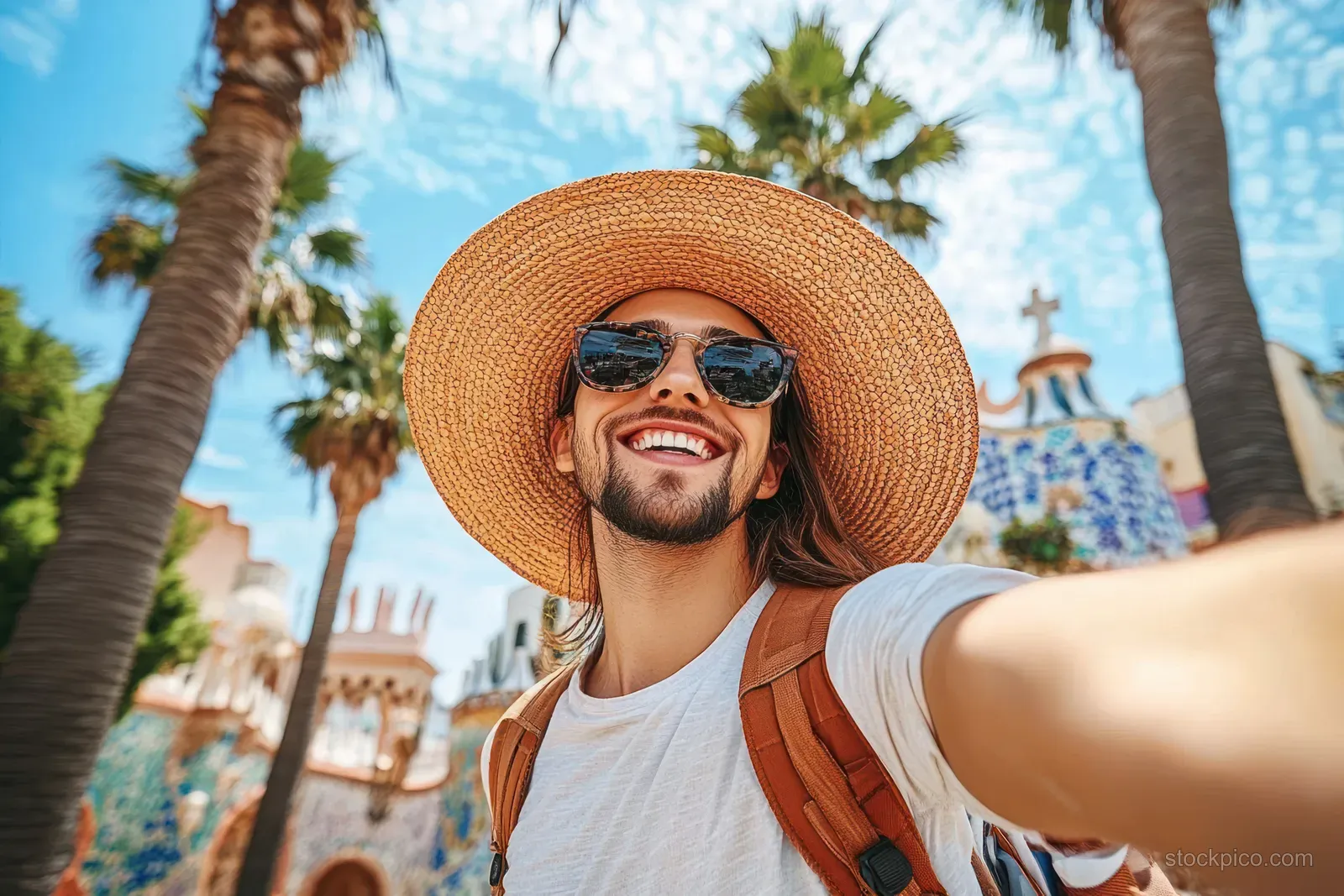 Traveler in a straw hat takes a selfie outdoors at Park Güell with colorful mosaics and palm trees in view.