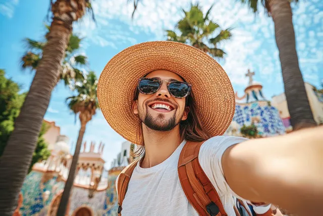 Traveler in a straw hat takes a selfie outdoors at Park Güell with colorful mosaics and palm trees in view.