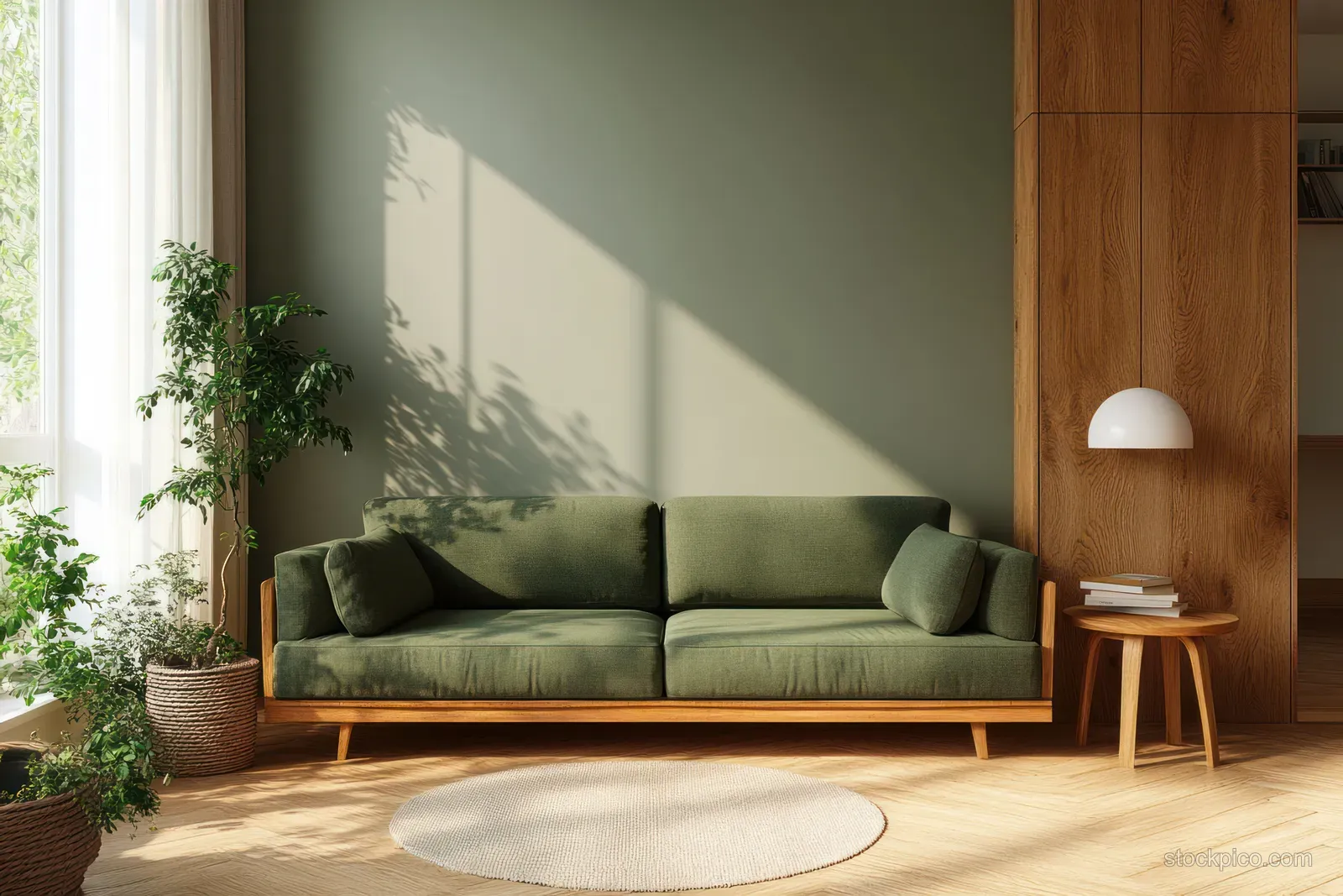 Green sofa sits in a minimalist living room with warm wood walls, a side table lamp, and daylight from a tall window.