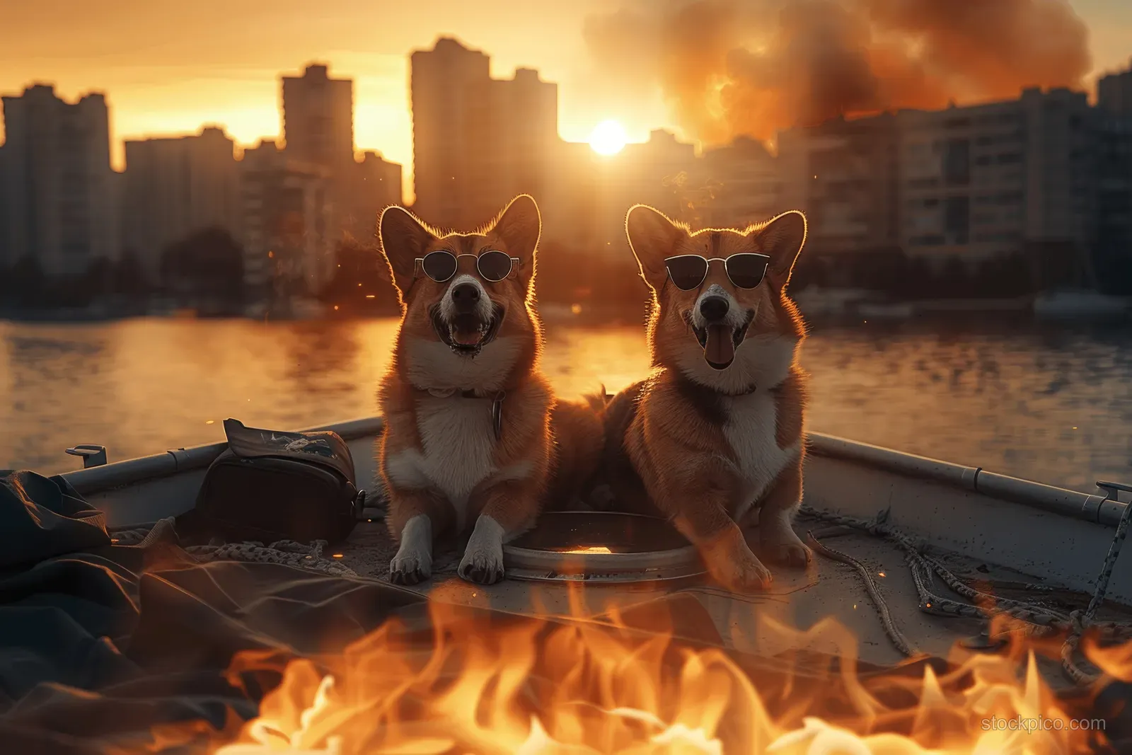 Two corgi dogs wearing sunglasses sit on a yacht deck at sunset beside glowing flames.