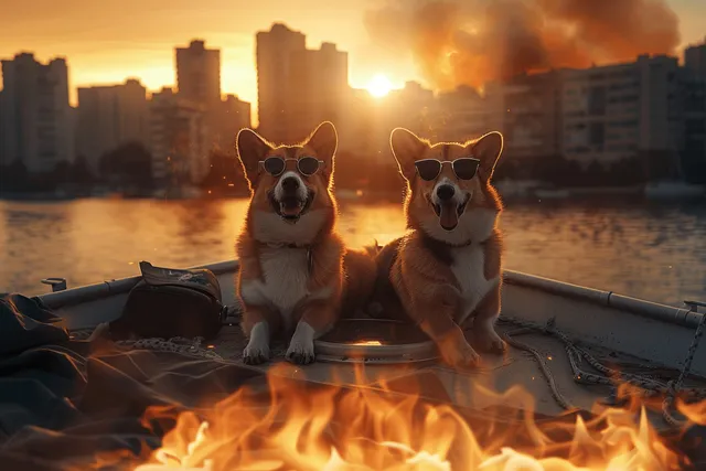 Two corgi dogs wearing sunglasses sit on a yacht deck at sunset beside glowing flames.