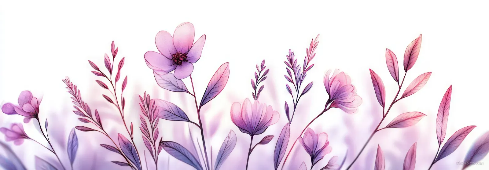 Translucent purple and pink flowers with leafy stems arranged along the bottom edge on a bright white background.