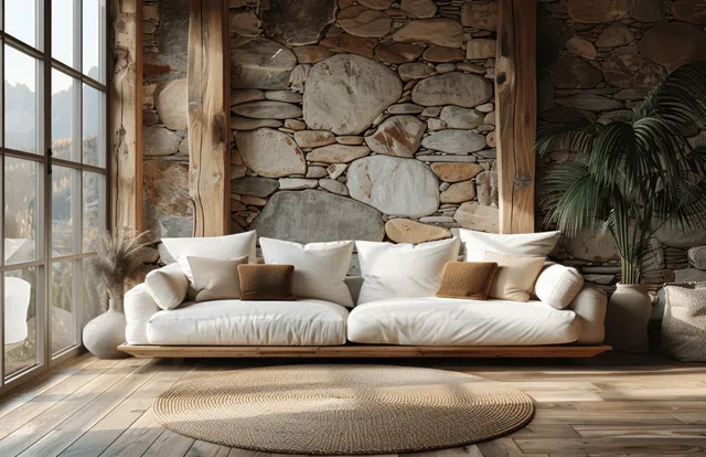 White sofa and beige round coffee table arranged in a cozy living room with wooden panels and stone wall.