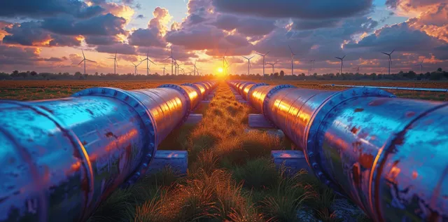 Hydrogen pipeline leading through grassy field at sunset