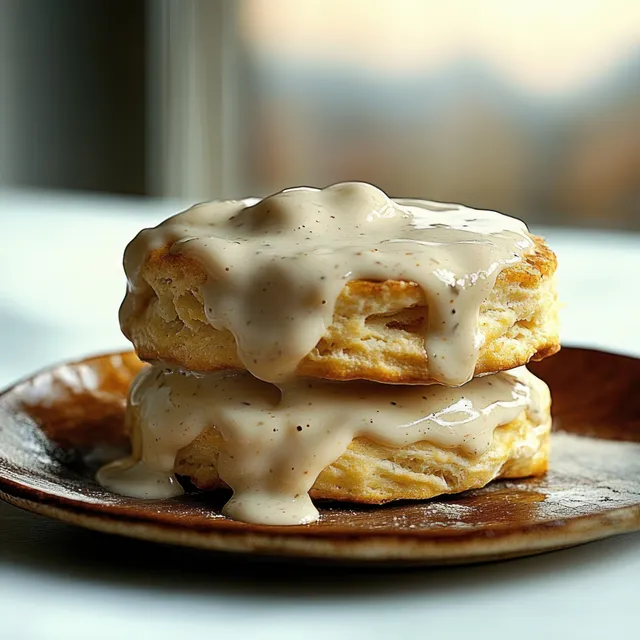 Stacked flaky biscuits topped with creamy white gravy on a rustic brown plate