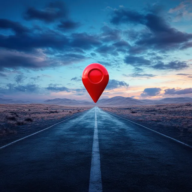 A deserted road leads to a glowing red location pin over the asphalt beneath a blue sunset sky.