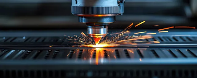 An industrial laser cutting head cuts a metal sheet, producing bright orange sparks at the glowing slit.