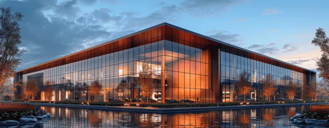 Modern glass-front warehouse and office building illuminated at twilight with a reflective water surface in front.