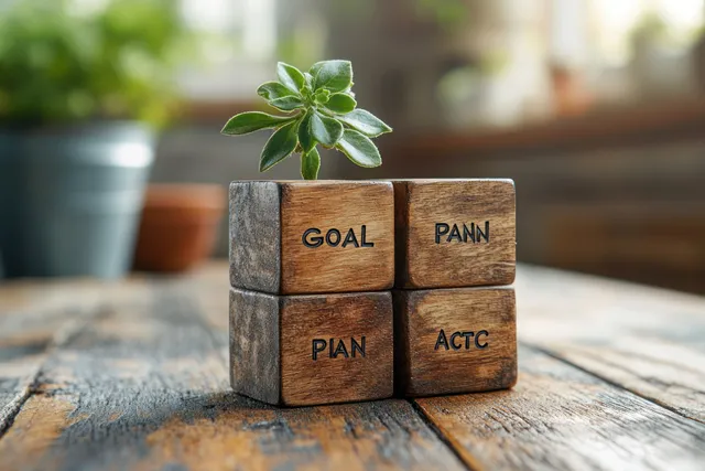 Goal and Plan Wooden Blocks on Urban Workdesk