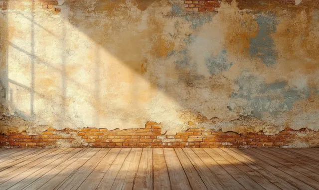 Empty room interior with cracked plaster wall, exposed brick, and weathered wooden floor under angled light.