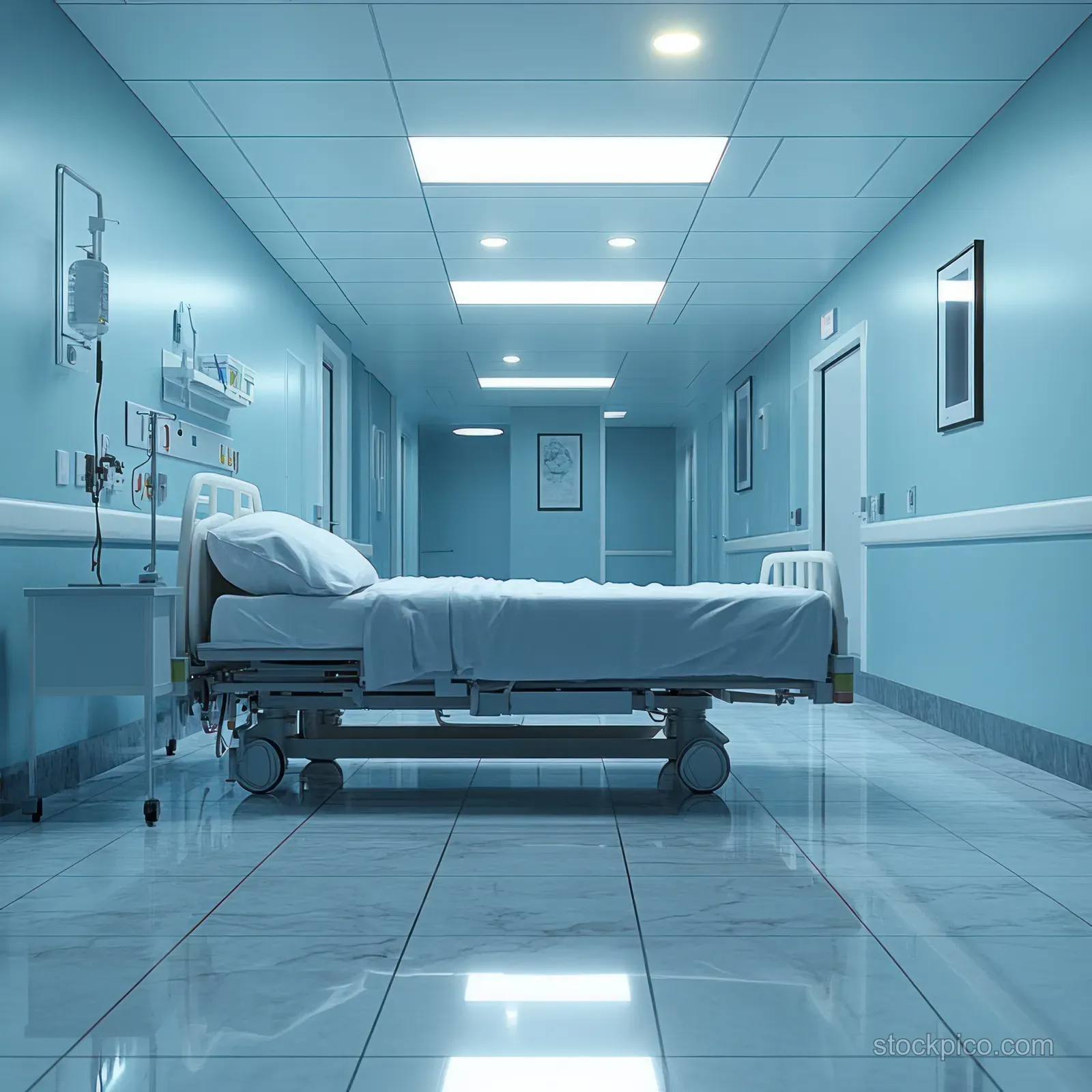 Sterile hospital morgue hallway showing a wheeled gurney bed, doors, and bright ceiling lights over white tiled floors.