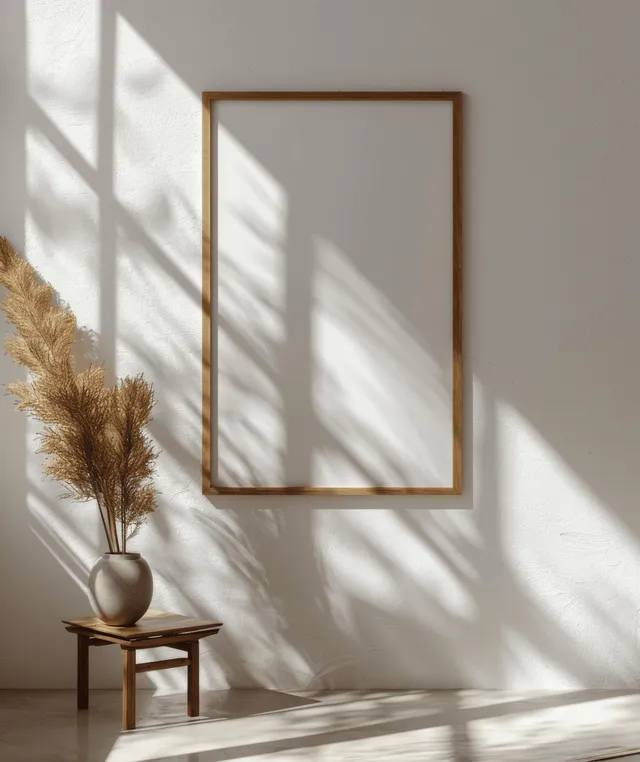 Vertical wooden picture frame on white wall with sunlight shadows and blank poster