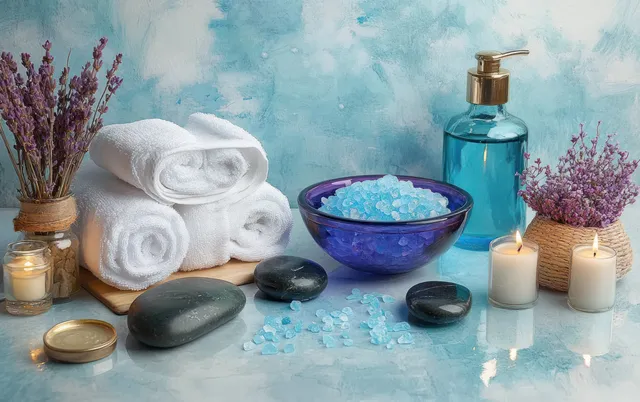 Rolled white towels, lavender, blue bath salts, spa stones, and lit candles arranged on a reflective surface.